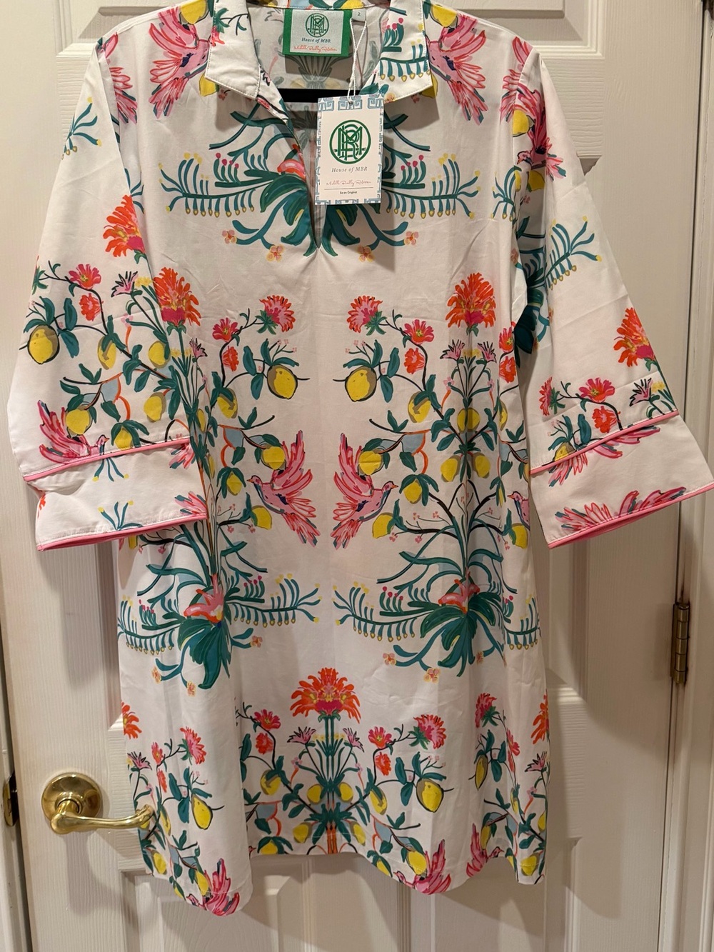 Floral Lemon-Print Long Sleeve Dress in White and Pink